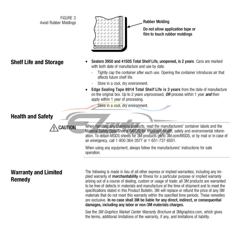 May include: A caution sign with a triangle and an exclamation point. The text "CAUTION" is below the triangle. The text "When handling any chemical products, read the manufacturers' container labels and the Material Safety Data Sheets (MSDS) for important health, safety and environmental information. To obtain MSDS sheets for 3M products go to 3M.com/MSDS, or by mail or in case of an emergency, call 1-800-364-3577 or 1-651-737-6501. When using any equipment, always follow the manufacturers' instructions for safe operation." is below the caution sign.