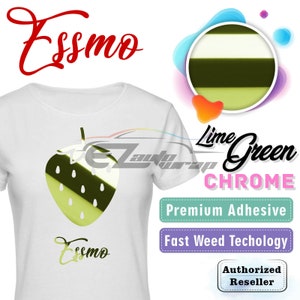 May include: A white t-shirt with a lime green chrome strawberry graphic and the word "Essmo" written in cursive on the front. The shirt is a blank canvas for customization. The image also shows a sample of the lime green chrome vinyl.