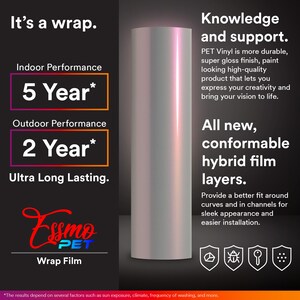 May include: A white and iridescent vinyl wrap film with the text "Essmo PET Wrap Film" and a 5-year indoor performance rating and a 2-year outdoor performance rating. The image also includes icons for scratch resistance, UV protection, and water resistance.