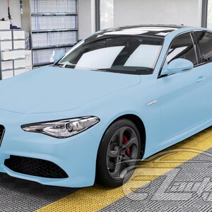 May include: A light blue sedan featuring a triangular front grille, sleek headlights, and dark grey wheels with visible red brake calipers. The vehicle has a black roof panel and a smooth, matte-finish exterior paint job, showcasing a modern design.