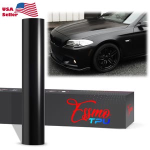 May include: A roll of black vinyl wrap is displayed next to a matte black car. The image also shows a box with the text "Essmo TPU" in red and blue. The American flag and the words "USA Seller" are in the upper left corner.
