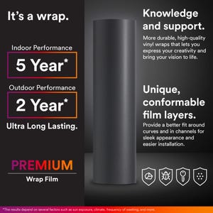 May include: A matte dark gray roll of premium wrap film. Text includes: It's a wrap, Knowledge and support, Indoor Performance 5 Year, Outdoor Performance 2 Year, Ultra Long Lasting, Unique, conformable film layers, and PREMIUM Wrap Film.