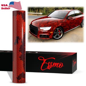 May include: Red and black camouflage vinyl wrap roll with a matching car in the background. The roll is cylindrical and features a repeating pattern. The car has the same camouflage design. The box has the word "Essmo" in red.