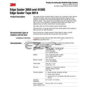 May include: 3M Edge Sealer 3950 and 4150S, and Edge Sealer Tape 8914 product information sheet. The sheet lists the product's characteristics, including color, material, minimum viscosity, percent solids, chemical resistance, application temperature, and service temperature range.