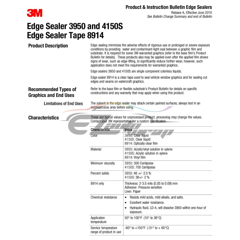 May include: 3M Edge Sealer 3950 and 4150S, and Edge Sealer Tape 8914 product information sheet. The sheet lists the product's characteristics, including color, material, minimum viscosity, percent solids, chemical resistance, application temperature, and service temperature range.