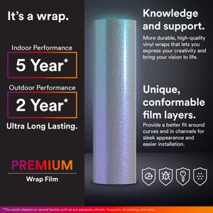 May include: A cylindrical roll of iridescent, glittery vinyl wrap film. The text reads: It's a wrap. Knowledge and support. Indoor Performance 5 Year. Outdoor Performance 2 Year. Ultra Long Lasting. Unique, conformable film layers. PREMIUM Wrap Film.