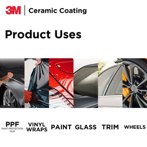 May include: A collage of images showing different applications for ceramic coating on a car. The images show a car's paint, vinyl wrap, glass, trim, and wheels. The text below the images reads "PPF Paint Protection Film, Vinyl Wraps, Paint, Glass, Trim, Wheels".