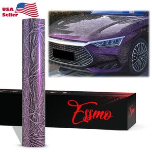 May include: A roll of purple and white vinyl car wrap with a geometric pattern. The wrap is shown on a car and on a black box with the word "Essmo" in red lettering.