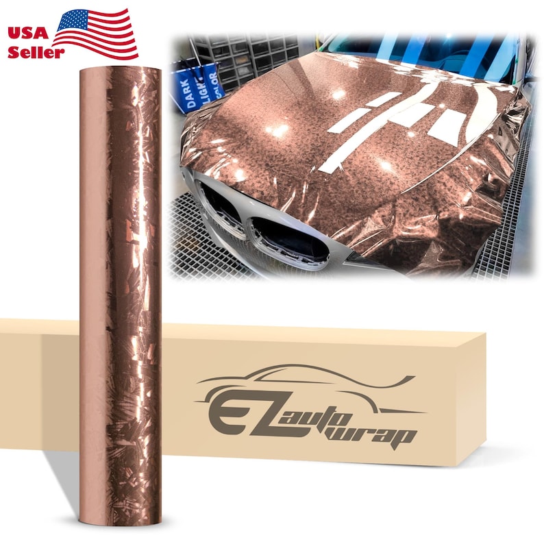 May include: A roll of rose gold car wrap vinyl with a textured finish. The vinyl is shown wrapped around the hood of a car. The car wrap is available in a variety of colors and finishes.