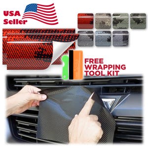 May include: A car wrap kit with a variety of carbon fiber and patterned vinyl samples. The image includes a roll of red and black patterned vinyl, a green and orange wrapping tool, and the text "FREE WRAPPING TOOL KIT". An American flag is in the upper left corner.