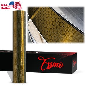 May include: A roll of gold honeycomb carbon fiber vinyl wrap with a black and red box labeled "Essmo".