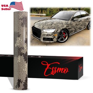 May include: A roll of camouflage vinyl wrap with a black and tan pattern, next to a car wrapped in the same design. The car has red brake calipers. The box below has the word "Essmo" in red.