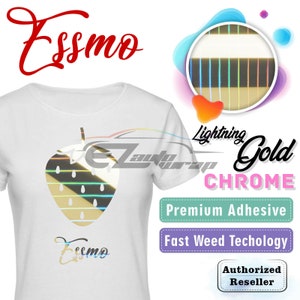 May include: White t-shirt with a holographic strawberry design. The design features a rainbow iridescent finish. The text "Essmo" is printed on the shirt and the text "Lightning Gold CHROME" is printed on the background.