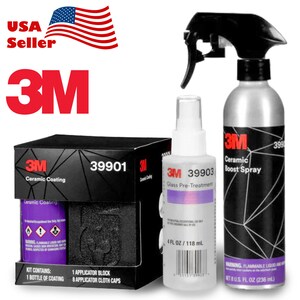 May include: A 3M Ceramic Coating kit with a bottle of coating, an applicator block, and applicator cloth caps. The kit also includes a 4 fl oz bottle of 3M Glass Pre-Treatment and a 8 fl oz bottle of 3M Ceramic Boost Spray.