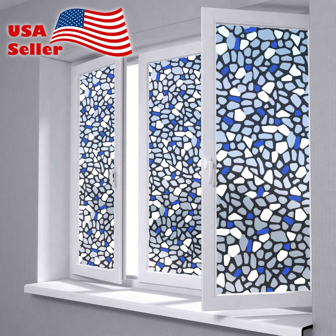 Patterned Frosted Film Blue Brick Glass Bathroom Window Privacy Sticker ...