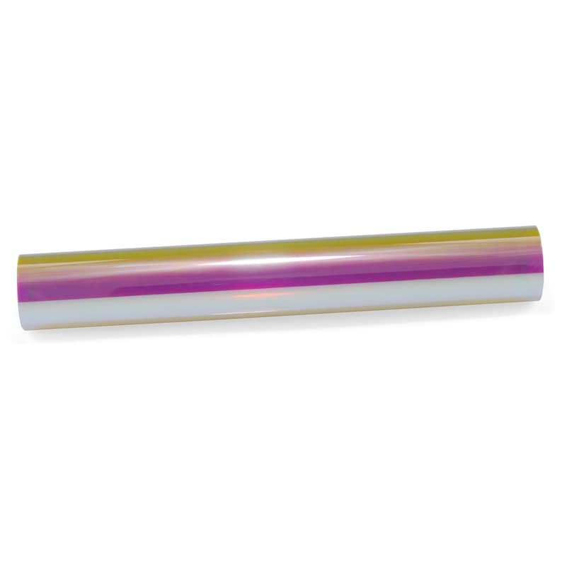 Pu&ograve; includere: Un rotolo di pellicola in vinile iridescente. La pellicola passa dal bianco al rosa, al viola e al giallo. Il rotolo &egrave; cilindrico e sembra essere fatto di un materiale flessibile.