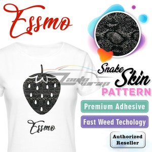 May include: A white t-shirt with a black snake skin pattern strawberry graphic and the text "Essmo" printed on the front. The shirt is a mockup for a vinyl decal. The text "Snake Skin Pattern" is printed in black and white. The text "Premium Adhesive" is printed in green. The text "Fast Weed Technology" is printed in purple. The text "Authorized Reseller" is printed in pink.