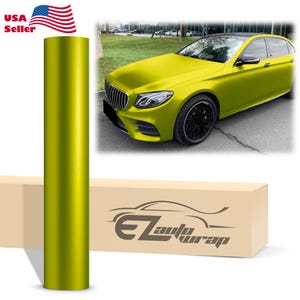 May include: A roll of lime green car wrap vinyl next to a matching yellow car. The box below has the logo "EZ Auto Wrap". The American flag and "USA Seller" text are in the upper left corner.