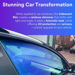 Pu&ograve; includere: Immagine di un finestrino auto con pellicola iridescente, che crea un luccichio arcobaleno. Il testo recita "Stunning Car Transformation" e descrive l'aspetto futuristico della pellicola, la protezione UV e la privacy.