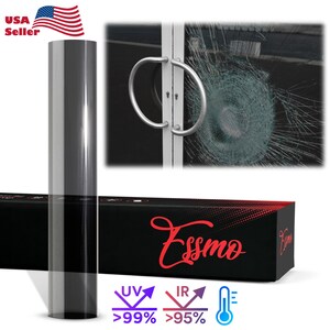 May include: A roll of black window film with a label that says "Essmo" and features a UV and IR protection rating of over 99% and 95% respectively. The film is shown being applied to a glass door with a broken window.