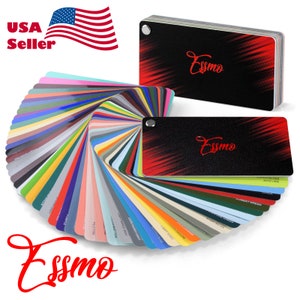 May include: A fan-shaped color chart with over 50 different colors. The chart is labeled "Essmo" and has a black and red background. The chart is made of paper and is used for selecting colors.
