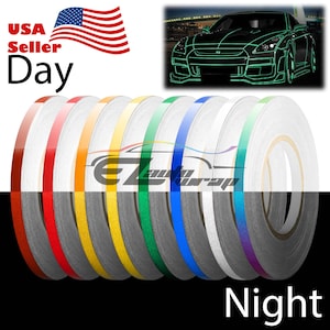 May include: A set of 10 rolls of glow-in-the-dark reflective tape in various colors, including red, yellow, green, blue, and purple. The tape is shown on a black background with the word "Night" in white text. The tape is designed for use on cars, motorcycles, and other vehicles.