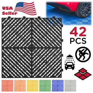 May include: A set of 42 black interlocking floor tiles with a diamond pattern. The tiles are made of durable plastic and are water-resistant. The tiles can be used to create a variety of patterns and designs. The tiles are also available in a variety of colors, including red, orange, yellow, green, blue, gray, and white.