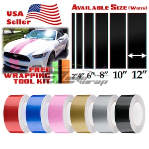 May include: A white car with pink racing stripes is shown with rolls of colored vinyl wrap. The image includes the text "USA Seller" and "Free Wrapping Tool Kit". Available sizes are 2" to 12" wide.