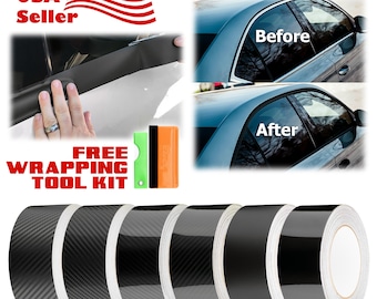 May include: Five rolls of black carbon fiber vinyl wrap with a white core. The vinyl wrap is shown being applied to a car window. The image also shows a before and after picture of the car window with the vinyl wrap applied. The image includes the text "FREE WRAPPING TOOL KIT".