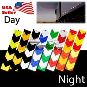 May include: A collection of reflective chevron strips in various colors, including yellow, black, white, blue, green, and red. The strips are designed with a repeating arrow pattern. The image also includes the text "USA Seller Day" and "Night".