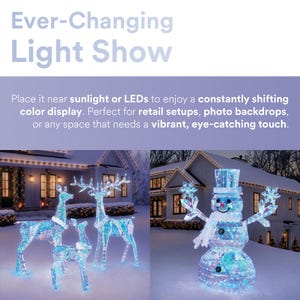 Pu&ograve; includere: L'immagine mostra un 'Ever-Changing Light Show' con renne e un pupazzo di neve illuminati. Il testo invita a posizionarli vicino alla luce solare o ai LED per un display cromatico. Ideale per allestimenti retail o sfondi fotografici.