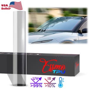 May include: A roll of clear film next to a car with a film applied to the windshield. The box has the text "Essmo TPU" in red and blue. The image also shows UV and IR protection symbols.
