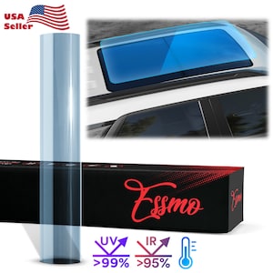 May include: A roll of clear window tint film with a black box labeled "Esso" and the text "UV >99% IR >95%" with a thermometer icon.