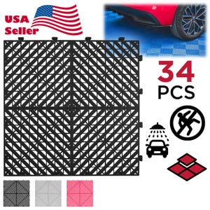 May include: Black interlocking floor tiles with a diamond pattern. The tiles are made of durable plastic and are easy to assemble. The set includes 34 tiles, which can be used to create a variety of designs. The tiles are water-resistant and can be used indoors or outdoors.