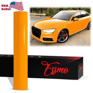 May include: A roll of bright yellow vinyl wrap with a car wrapped in the same color vinyl in the background. The car is a yellow sedan with black accents. The vinyl wrap is labeled "Essmo".