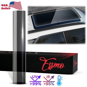 May include: A roll of black window tint film with a label that says "Essmo" and features a UV and IR heat rejection rating of over 99% and 95% respectively. The film is shown on a car with a sunroof.