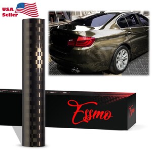 May include: A roll of black and gold checkered vinyl wrap, with a matching car in the background. The box below has the word "Essmo" in red script. The American flag is in the upper left corner.