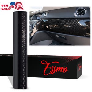 May include: A roll of black carbon fiber vinyl wrap featuring a textured diamond pattern. The packaging box is black with the red text Essmo printed on the front. An inset image shows the vinyl applied to a car dashboard interior panel.