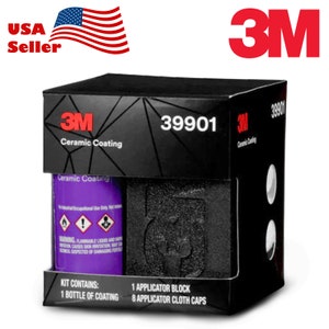 May include: A black and purple 3M Ceramic Coating kit with the product number 39901. The kit includes a bottle of ceramic coating, an applicator block, and 8 applicator cloth caps.