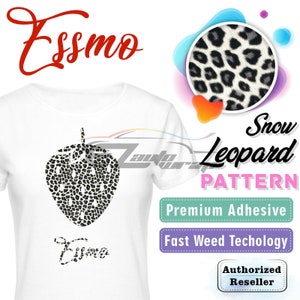 May include: White t-shirt with a black and white leopard print strawberry design and the word "Esmo" written in black. The text "Snow Leopard Pattern", "Premium Adhesive", "Fast Weed Technology", and "Authorized Reseller" are also visible in the image.