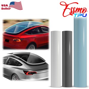 May include: A red Tesla Model 3 with a panoramic glass roof is shown, along with a silver Tesla. Three rolls of protective film are displayed: white, gray, and blue. The image includes the text "Essmo TPU" and "USA Seller".