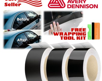 May include: Three rolls of black Avery Dennison vinyl wrap with a white core. The vinyl wrap is used to change the color of a car. The image shows a car before and after the vinyl wrap is applied. The image also includes a free wrapping tool kit.