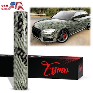 May include: A roll of green and black camouflage vinyl wrap with a textured surface. The vinyl wrap is shown on a black box with the word "Essmo" in red lettering. The vinyl wrap is also shown on a car.