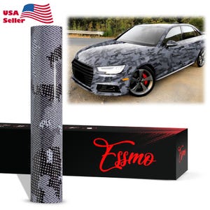 May include: A roll of black and white camouflage vinyl wrap with the Essmo logo on a black box. The vinyl wrap is designed to be applied to a car or other vehicle.