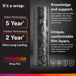 May include: A black and gray carbon fiber vinyl wrap film with a 5-year indoor performance rating and a 2-year outdoor performance rating. The text "PREMIUM Wrap Film" is displayed on the image. The image also includes icons for durability, insect resistance, and ease of installation.