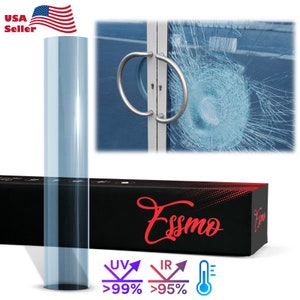 May include: A clear security film roll for windows and doors. The film is designed to protect against UV rays and heat. The roll is labeled with the Essmo brand name and has a UV protection rating of 99% and an IR protection rating of 95%.