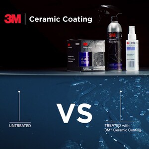 May include: A comparison of water beading on a surface treated with 3M Ceramic Coating versus an untreated surface. The treated surface shows water beading up and rolling off, while the untreated surface shows water spreading out.