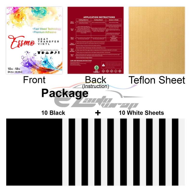 ESSMO\u2122 20Pcs Black White Heat Transfer Vinyl 12 x 10 Sheets T-Shirt HTV Iron On Heat Press Bundle Pack Set