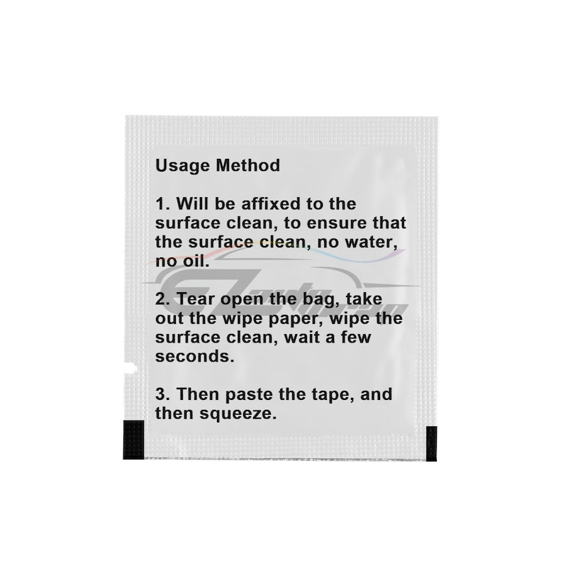 May include: White instruction packet with the text "Usage Method" and instructions on how to use the product. The instructions include: 1. Will be affixed to the surface clean, to ensure that the surface clean, no water, no oil. 2. Tear open the bag, take out the wipe paper, wipe the surface clean, wait a few seconds. 3. Then paste the tape, and then squeeze.