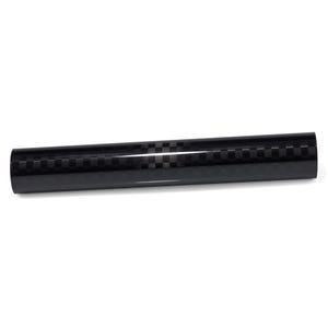 May include: A cylindrical tube featuring a glossy black finish with a repeating dark gray checkerboard pattern. The object has a smooth, reflective surface and a uniform shape, presenting a consistent grid design across its entire length.